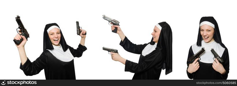 Nun with handgun isolated on white