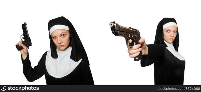 Nun with handgun isolated on white