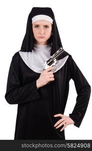 Nun with handgun isolated on white