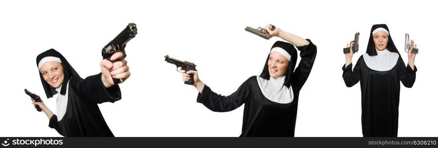 Nun with handgun isolated on white