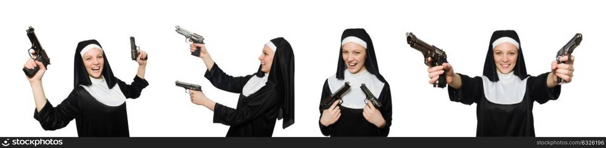 Nun with handgun isolated on white