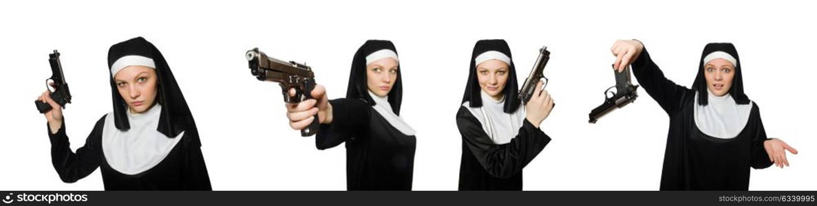 Nun with handgun isolated on white