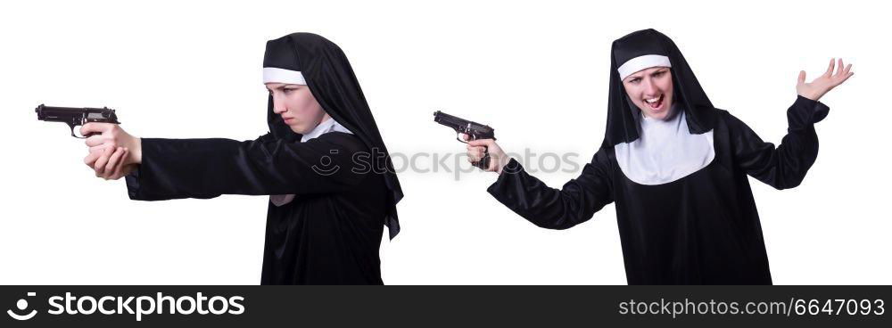 Nun with handgun isolated on white