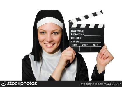 Nun with movie board isolated on white