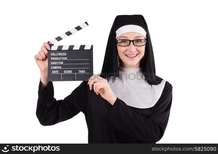 Nun with movie board isolated on white