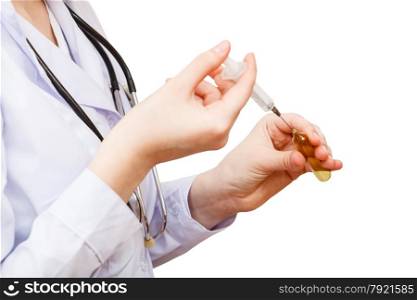 nurse fills syringe from ampoule isolated on white background
