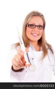 Nurse holding a syringe, isolated over white background