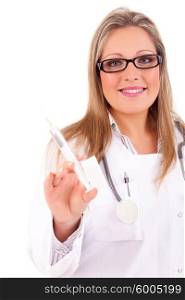 Nurse holding a syringe, isolated over white background