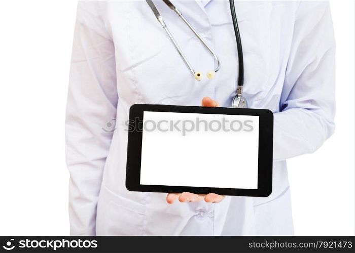 nurse holds tablet pc with blank screen isolated on white background