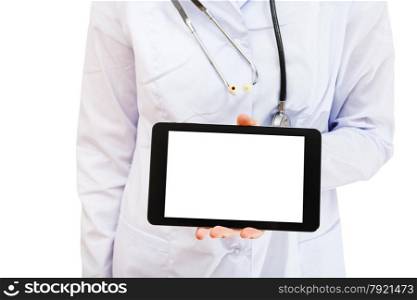nurse holds tablet pc with blank screen isolated on white background