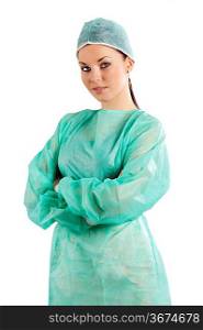 nurse in green operation dress over white looking in camara