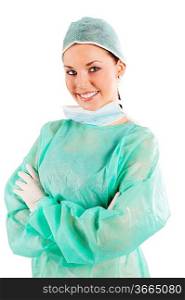 nurse in green operation dress over white looking in camera smiling