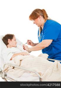 Nurse injecting a little boy in the hospital. Isolated on white.