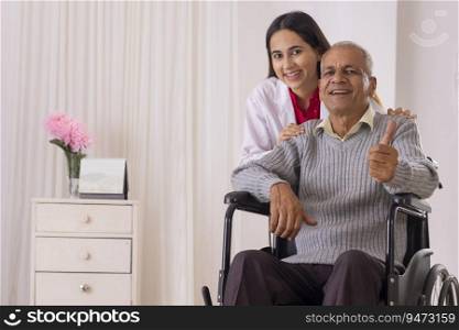 Nurse moving senior man sitting on wheel chair
