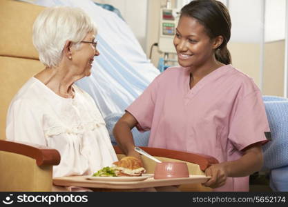 Nurse Serving Meal To Senior Female Patient Sitting In Chair