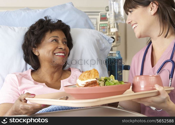 Nurse Serving Senior Female Patient Meal In Hospital Bed