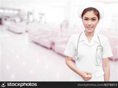 nurse with stethoscope and medical report in hospital background