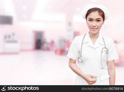 nurse with stethoscope and medical report in hospital background