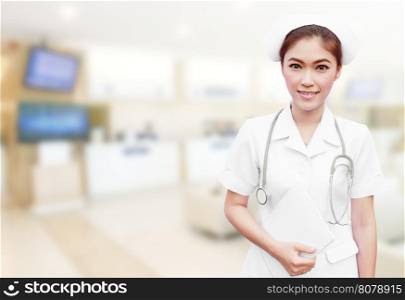 nurse with stethoscope and medical report in hospital background