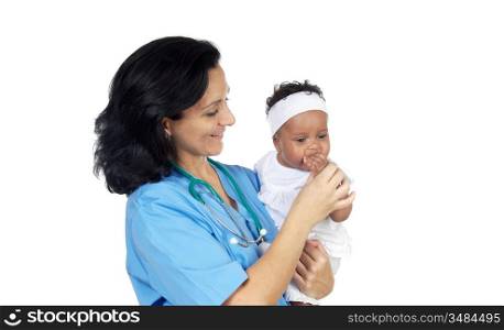 nurse with stethoscope holding baby over white background
