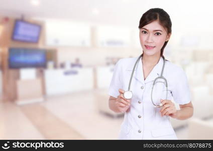 nurse with stethoscope in hospital background