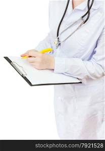 nurse writes in clipboard isolated on white background