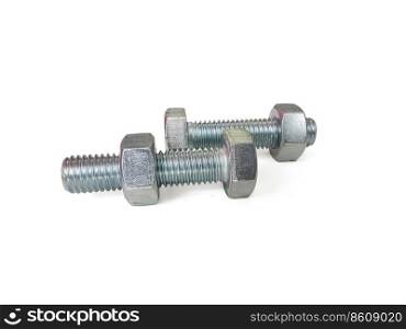 Nut and screw on hand on white background