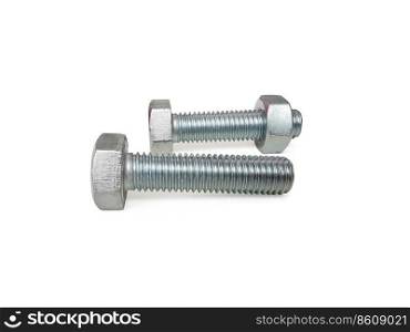 Nut and screw on hand on white background