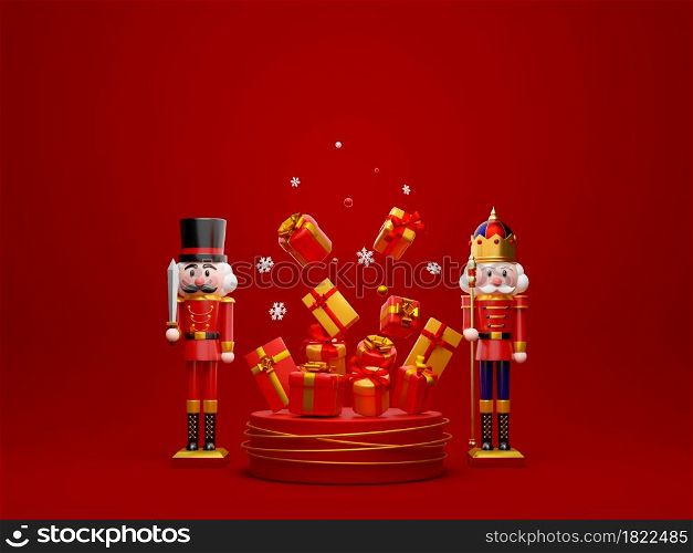 Nutcracker with podium of Christmas gifts, Merry Christmas and Happy New Year, 3d illustration