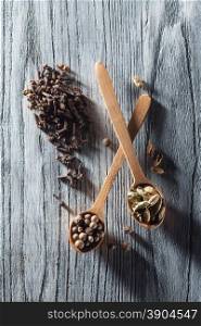 Nutmeg, clove and allspice in old spoon on wooden background with long shadows dramatic contrast light