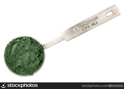 Nutrient-rich organic blue green algae powder - isolated measuring metal tablespoon, top view