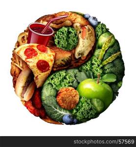 Nutrition and diet balance as a choice between good green natural food and unhealthy processed snacks shaped as a ying and yang symbol isolated on a white background with 3D illustration elements.