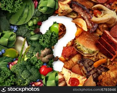 Nutrition confusion idea and diet decision concept and food choices dilemma between healthy good fresh fruit and vegetables or greasy cholesterol rich fast food as a question mark trying to decide what to eat.