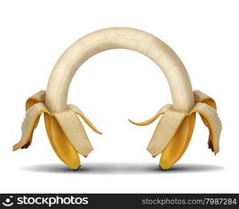 Nutrition connection and food energy concept as two peeled open bananas connected together as a healthy eating symbol for dieting and a fitness lifestyle on a white background.