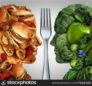 Nutrition decision concept and diet choices dilemma between healthy good fresh fruit and vegetables or greasy cholesterol rich fast food shaped as a human head divided by a fork as a symbol for trying to decide what to eat.