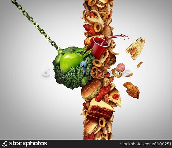 Nutrition detox concept diet breaking through as a break the habit symbol with awrecking ball demolishing a wall of junk food or fastfood with 3D illustration elements.
