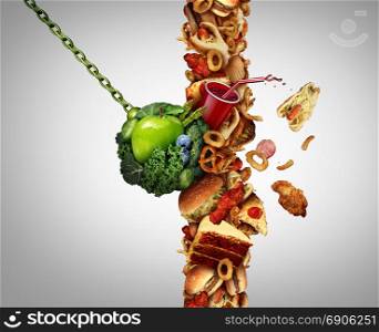 Nutrition detox concept diet breaking through as a break the habit symbol with awrecking ball demolishing a wall of junk food or fastfood with 3D illustration elements.