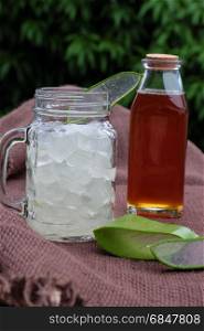 Nutrition food from aloe vera leaf and honey, a nature cosmetic for skin care from herb, also use as medicine for health, sliced of aloe and honey on outdoor green background
