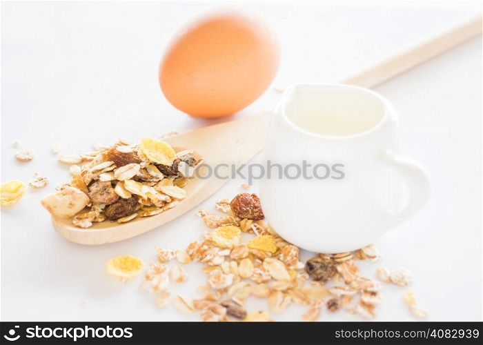 Nutrition ingredient of muesli milk and egg, stock photo