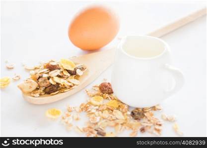 Nutrition ingredient of muesli milk and egg, stock photo