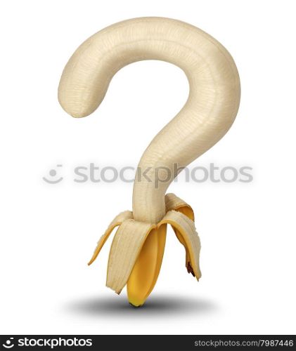 Nutrition questions and choosing healthy food options at the grocery store or market with aan open peeled banana shaped as a question mark as a symbol for diet guidance and eating habits on a white background.