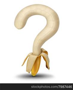 Nutrition questions and choosing healthy food options at the grocery store or market with aan open peeled banana shaped as a question mark as a symbol for diet guidance and eating habits on a white background.