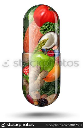 Nutrition supplements as a vitamin capsule with fruit vegetables nuts and beans inside a nutrient pill as a natural medicine health treatment with 3D illustration elements.