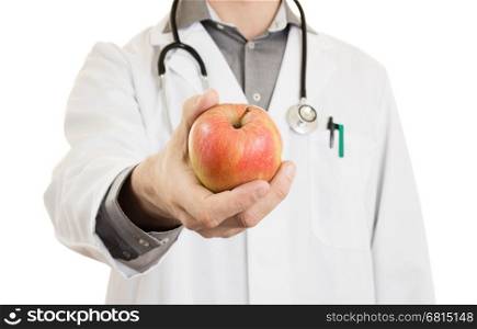 Nutritionist doctor, giving an apple, isolated on white