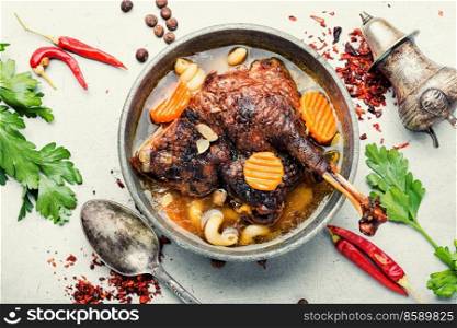 Nutritious aromatic geese leg soup with noodles. Delicious soup with a goose leg