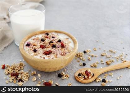 nutritious milky breakfast with cereals nuts