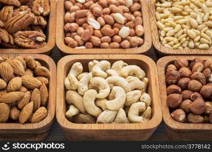 nuts abstract - cashew, pecan, hazelnut, Spanish peanut in wooden bowls