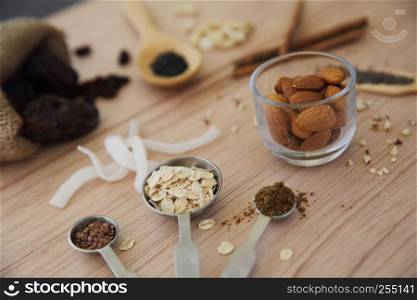 nuts almond on wood background