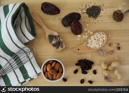 nuts almond on wood background