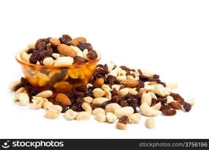 nuts and raisins isolated on white